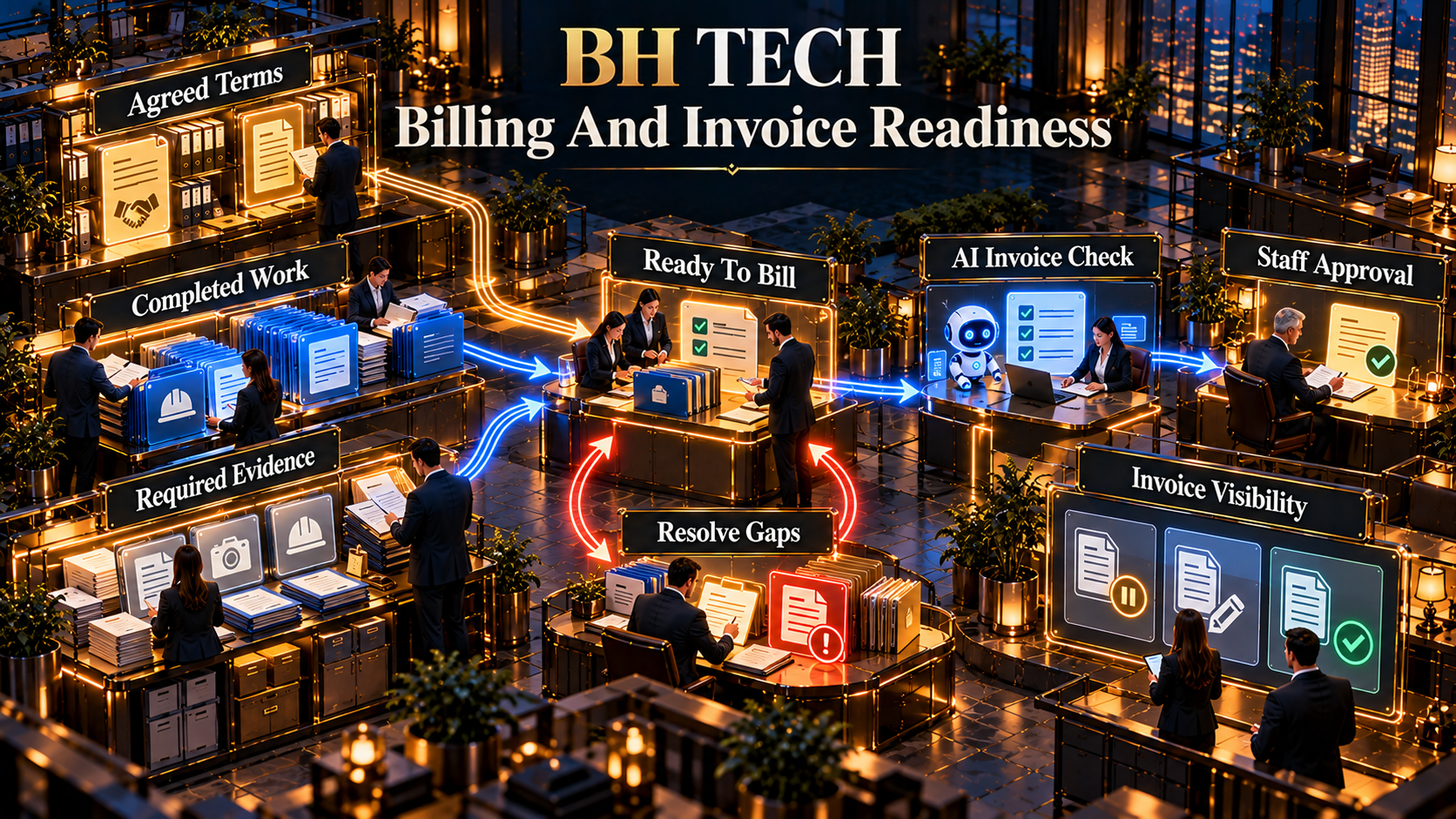 Billing And Invoice Readiness: Completed Work, Agreed Terms, Required Evidence, Ready To Bill, Resolve Gaps, AI Invoice Check, Staff Approval, Invoice Visibility.