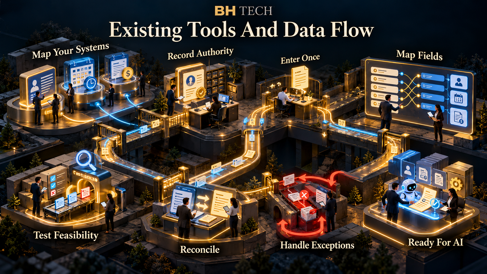 Existing Tools And Data Flow: Map Your Systems, Record Authority, Enter Once, Map Fields, Test Feasibility, Reconcile, Handle Exceptions, Ready For AI.
