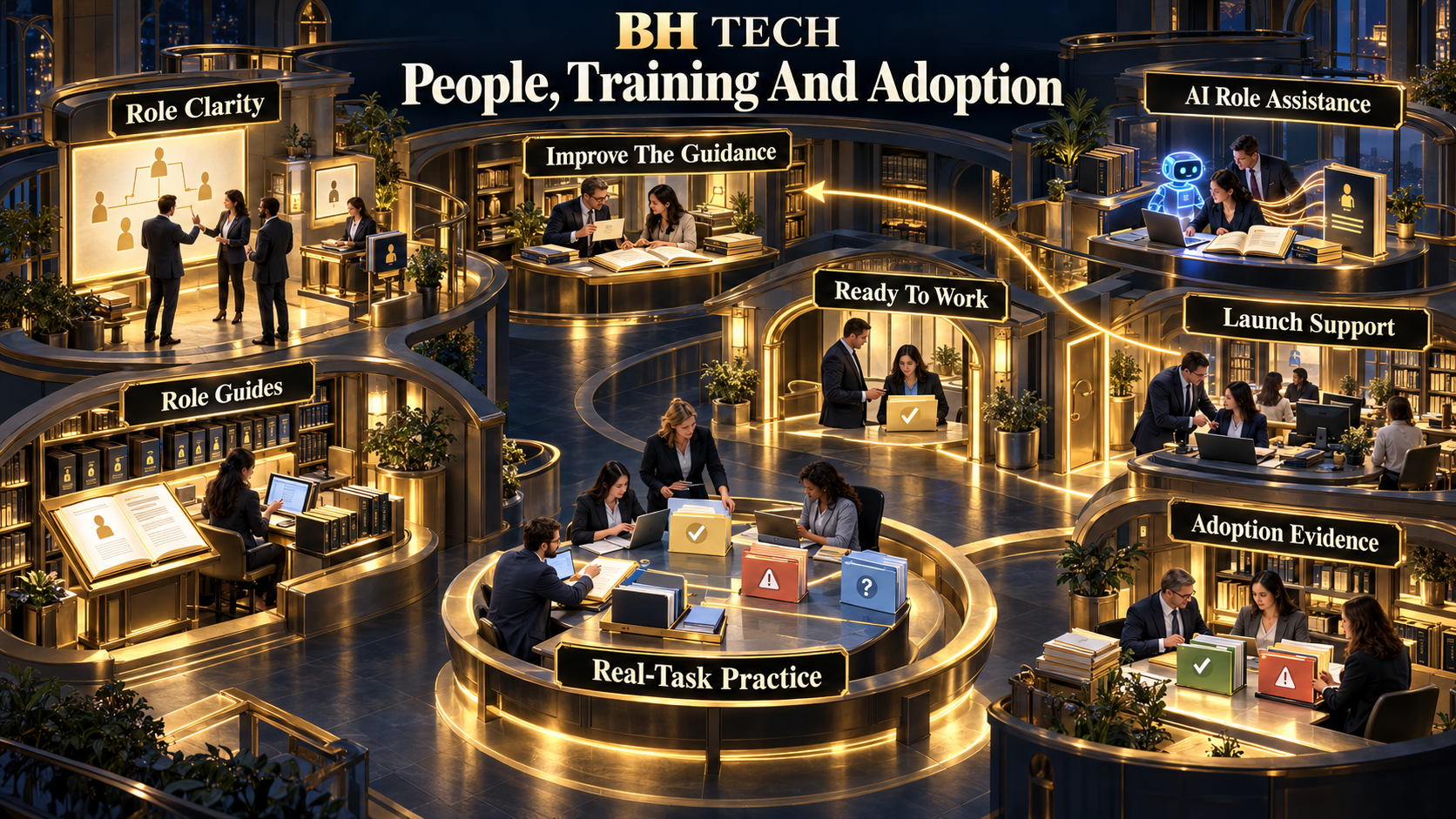People, Training And Adoption: Role Clarity, Role Guides, Real-Task Practice, Ready To Work, AI Role Assistance, Launch Support, Adoption Evidence, Improve The Guidance.