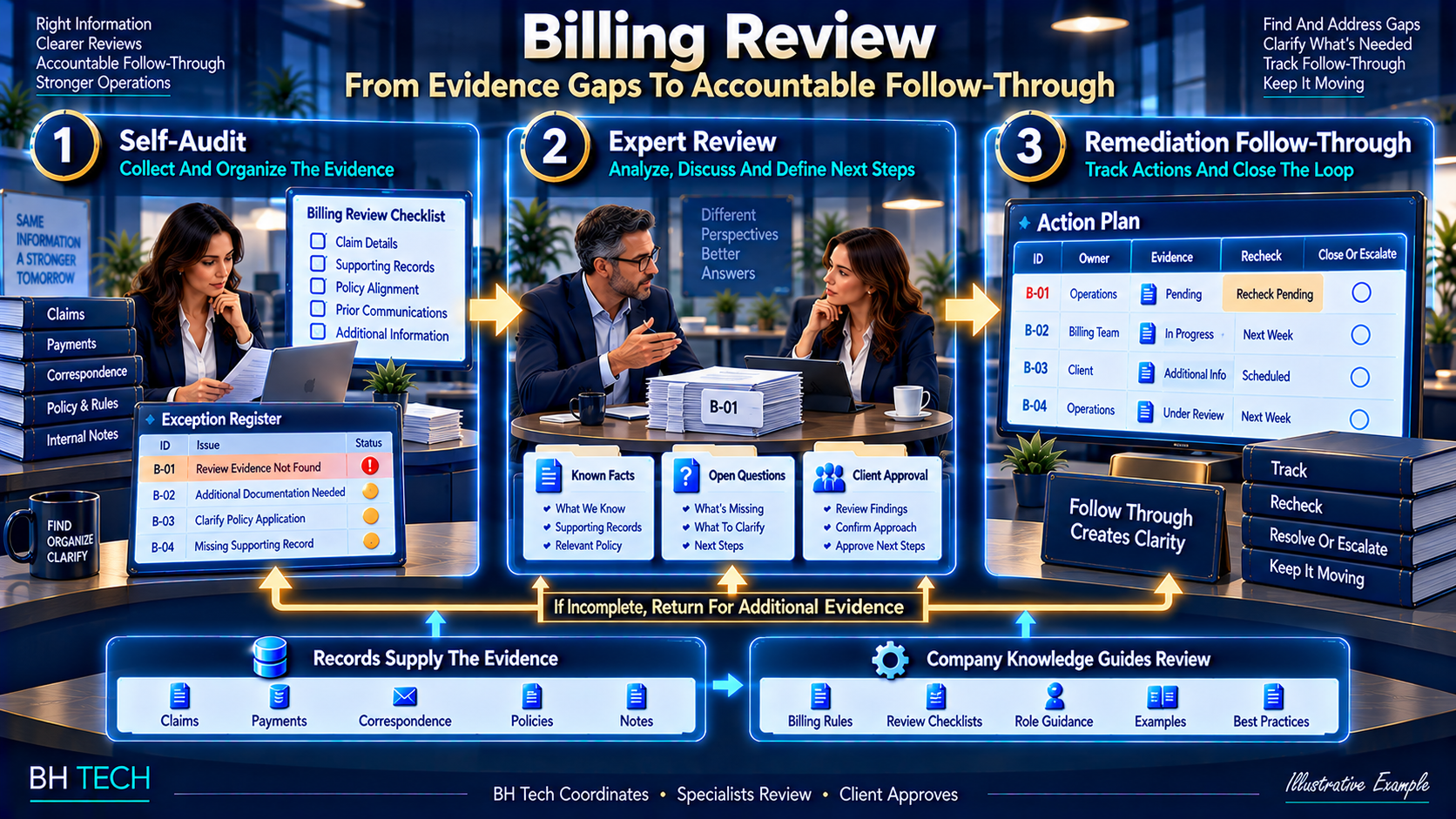 Billing review in three parts: a self-audit organizes the client’s billing evidence and exceptions, a qualified expert review decides what selected exceptions mean, and remediation follow-through tracks approved actions to a recheck and a closure decision, supported by records and operating knowledge.