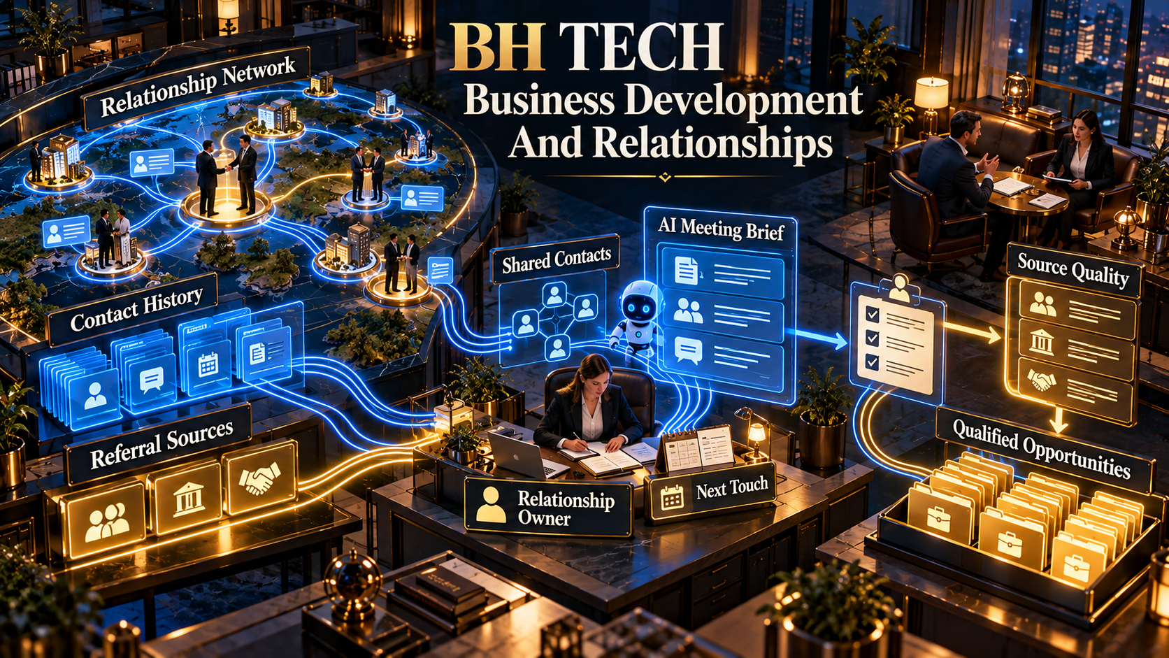 Relationship history and referral sources feed an owned next touch and AI meeting brief, helping people develop qualified opportunities with visible source quality.