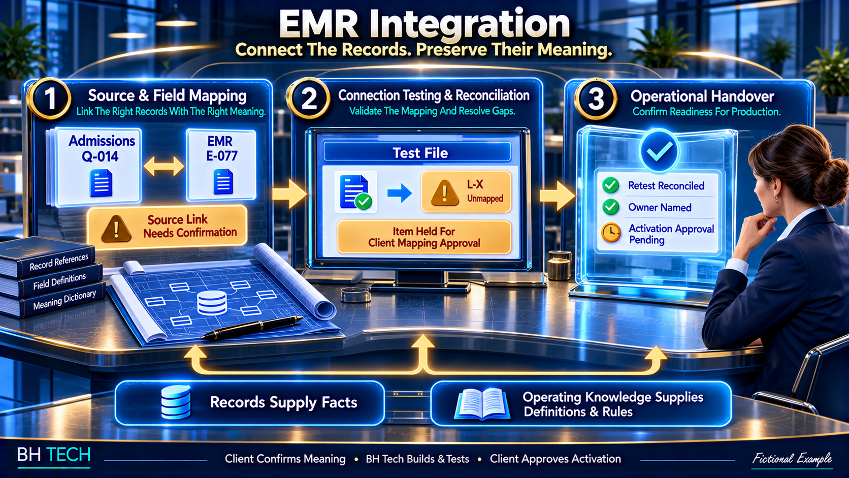 EMR Integration: map the source records and meanings, test a permitted connection and reconcile exceptions, then hand over the evidence and owners for a client activation decision.