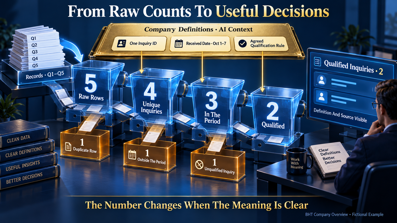 Five raw rows become four unique inquiries, three in the period and two qualified after the agreed rules are applied.