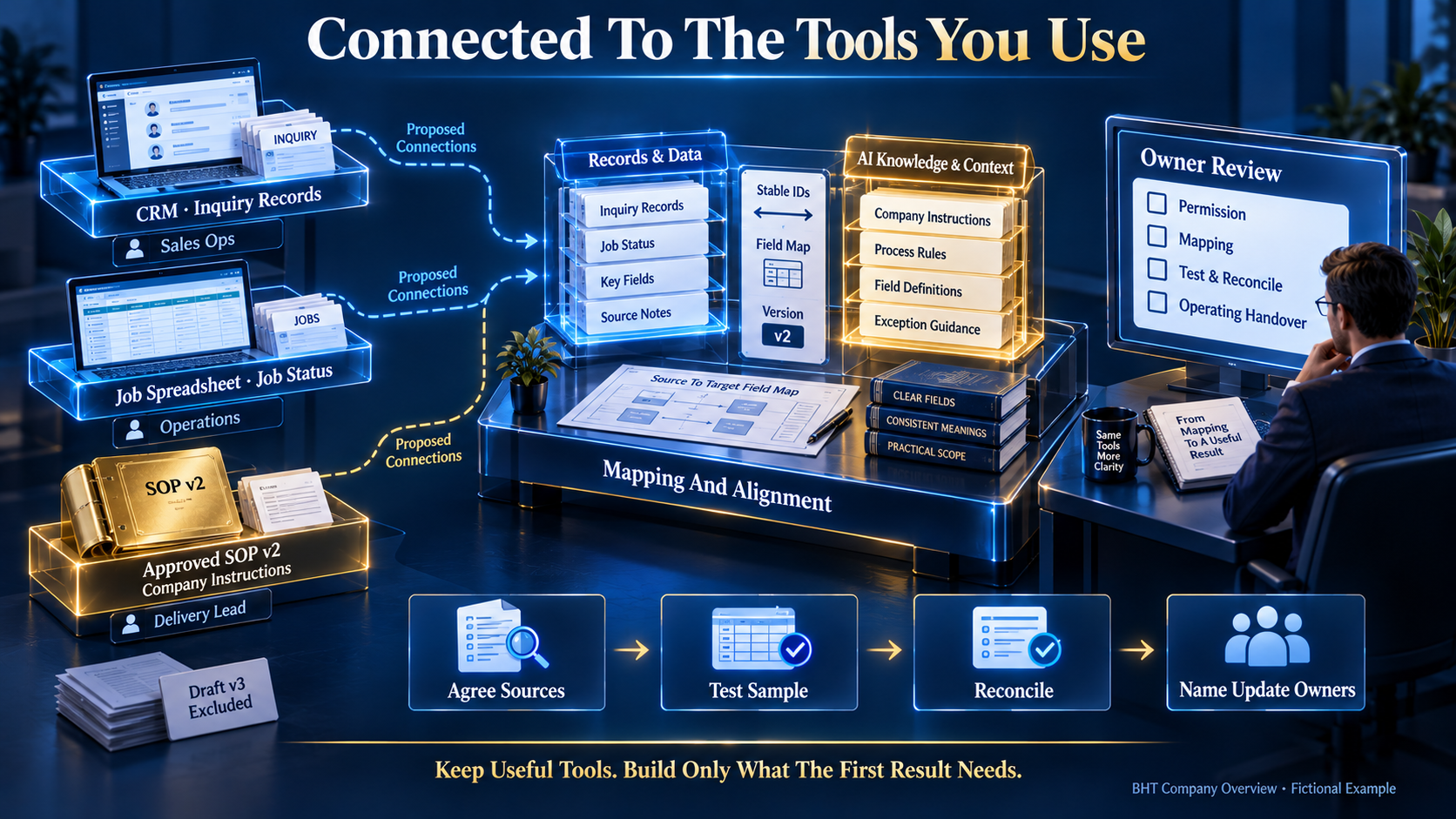 A proposed source map links CRM inquiries, a job spreadsheet and the current SOP, with update owners, reconciliation and visible readiness states.