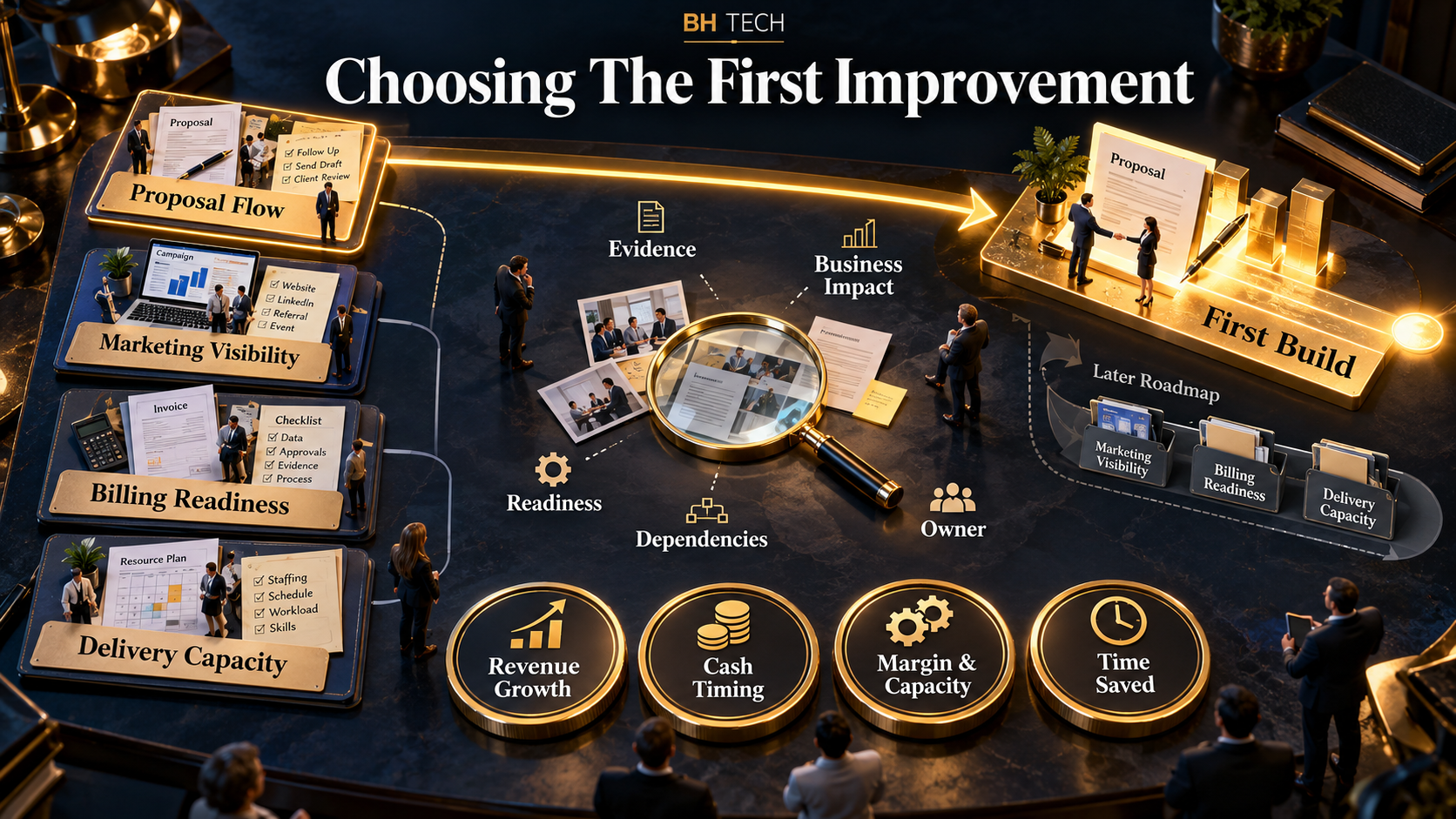 Evidence, impact, readiness, dependencies and ownership help compare four possible first improvements; four different kinds of value remain distinct.