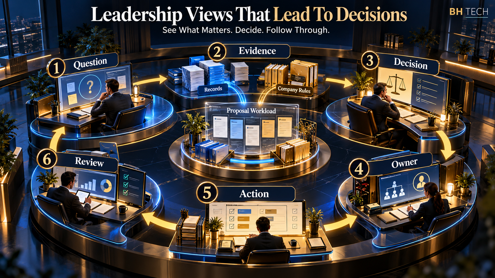 A leadership decision loop connects question, evidence, decision, owner, action and review.