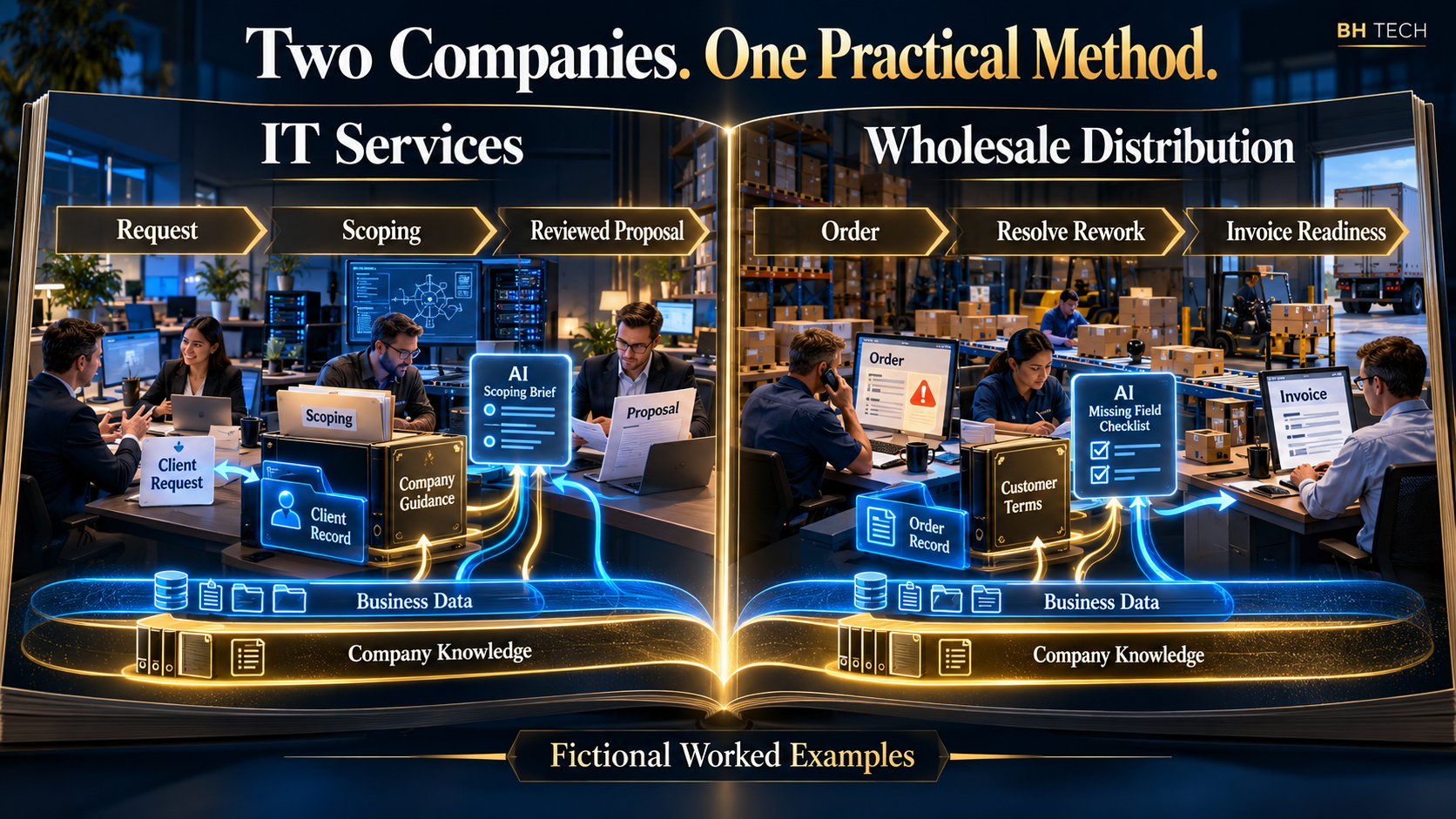 Two fictional journeys: IT services proposals waiting on scoping, and wholesale orders delayed by rework before invoicing.