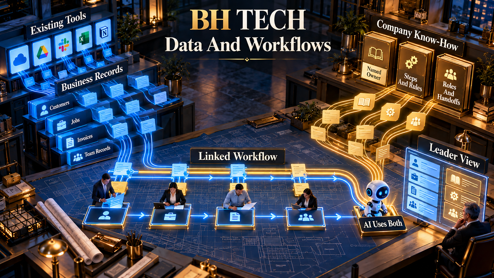 Isometric night workshop where blue business records from existing tools and gold company know-how stay separate, then run side by side along a linked workflow to a leader view and an AI assistant that uses both.