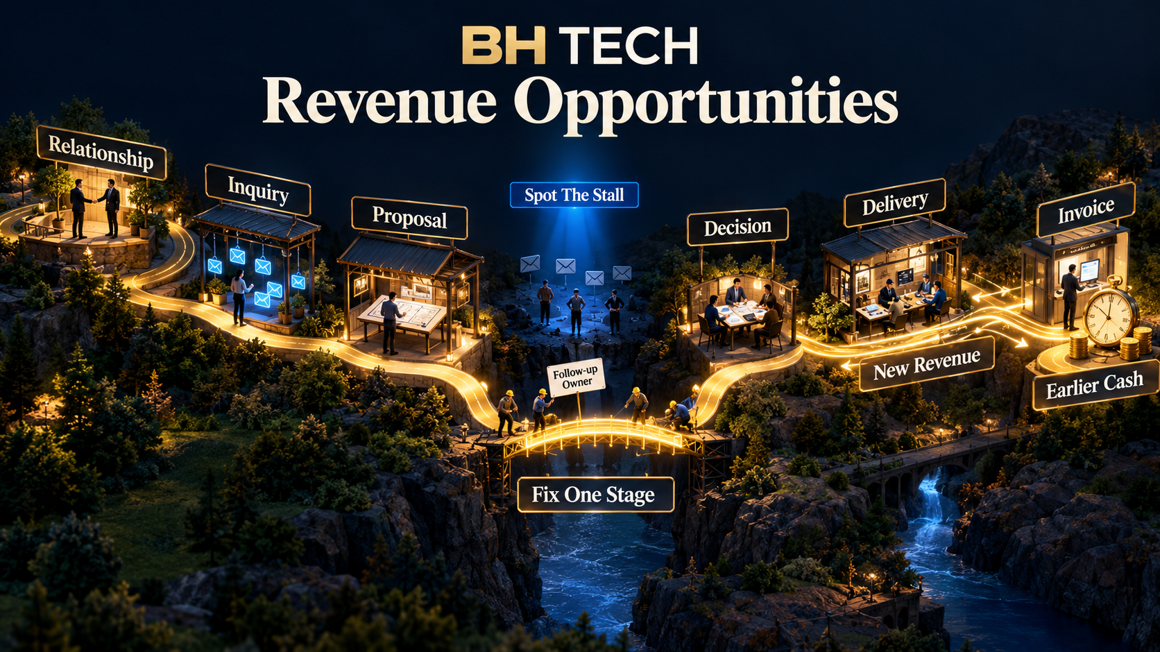 Night landscape diorama of a gold road from relationship through inquiry, proposal, decision, delivery and invoice, with a spotlighted stall after proposal, a crew bridging that stage, and separate markers for new revenue and earlier cash.