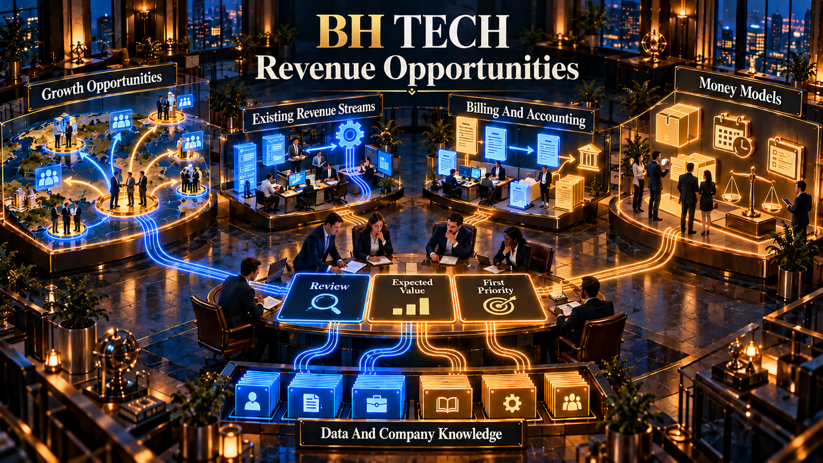 Leadership evaluates growth opportunities, existing revenue streams, billing and accounting, and money models using evidence, expected value and priorities grounded in data and company knowledge.